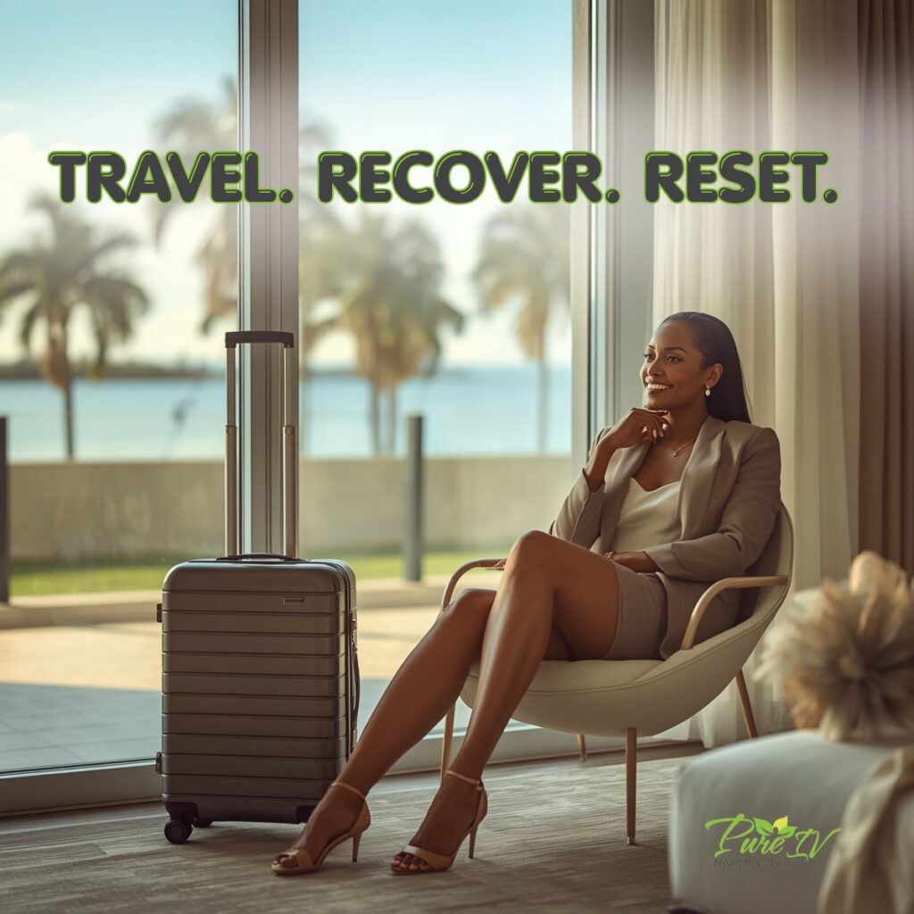 Business traveler relaxing after arriving in Boca Raton and prioritizing hydration and recovery
